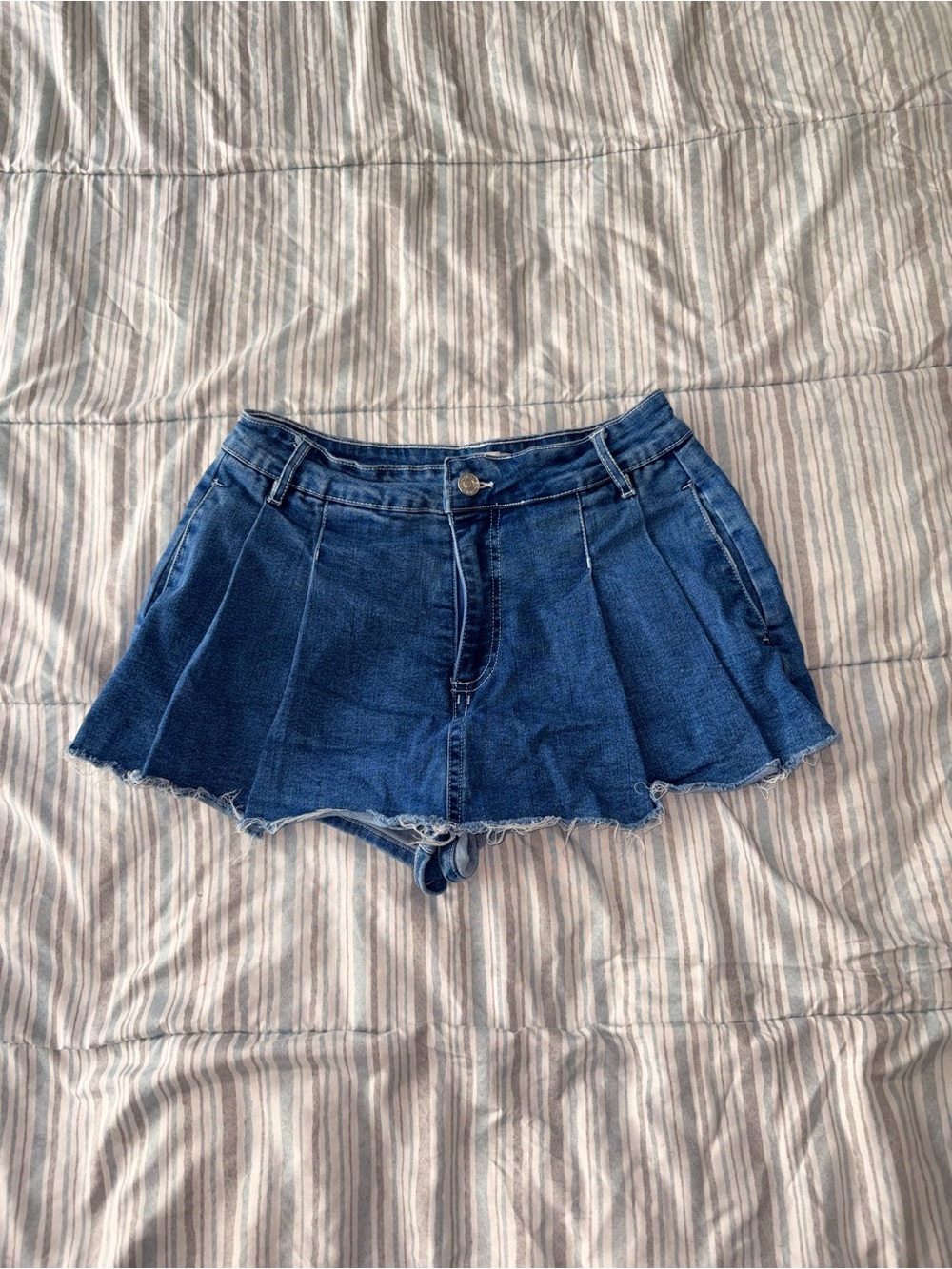 Denim Pleated Mini Skort in Blue